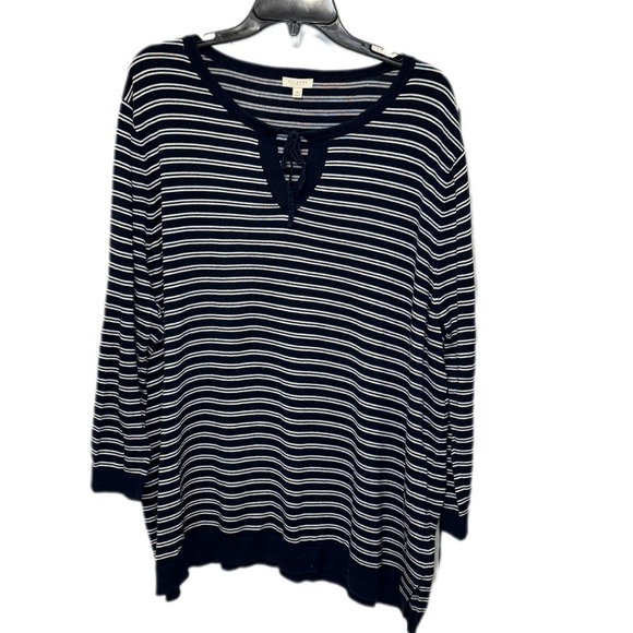 Talbots 3x Navy/white striped keyhole sweater - Picture 1 of 3